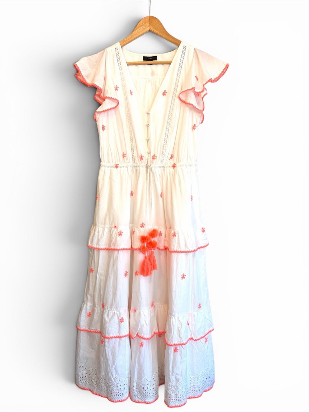 J Crew White Maxi Dress with Neon Coral Embroidery and Eyelets Sz 4